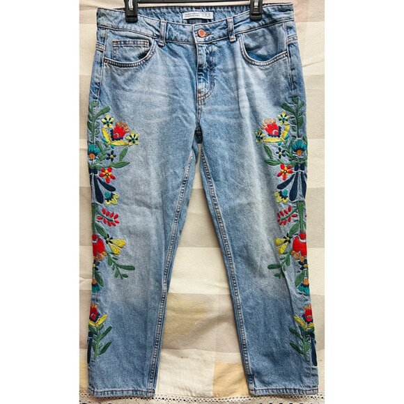 Zara Basic Z1975 Denim Embroidered Floral Mom Jeans Size 8 - Picture 1 of 3